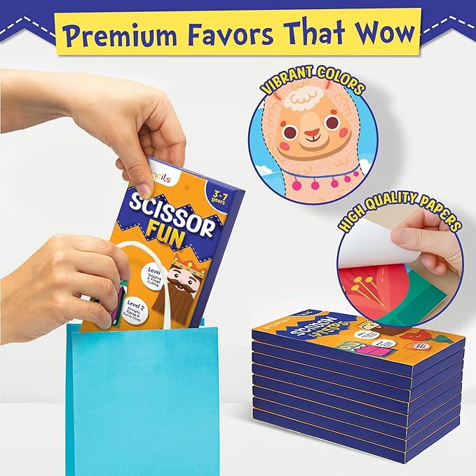 Funcils Educational Kids Party Favors (15 Pack) - Scissor Skills Craft Activity Kits with Book, Scissors & Glue - Birthday Goodie Bags Stuffers, Classroom Return Gifts for Boys & Girls Ages 3 4 5 6 7