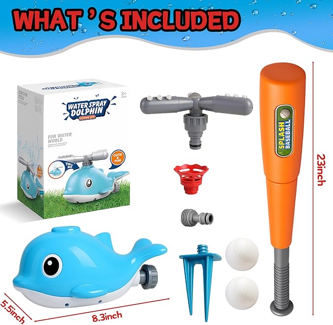 2 in 1 Water Sprinkler Baseball Toy Set for Kids – Whale Shaped Outdoor T-Ball Game & Spinning Splash Toy, Summer Backyard Water Play for Toddlers and Children Ages 3+