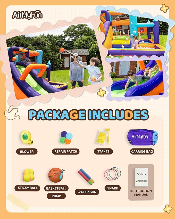 AirMyFun Inflatable Water Slide Bounce House with Long Curved Slide for Kids with Blower, Family Backyard Bouncy Castle with Fun Doorway Tunnel, Climbing Wall and Ball Shooting (High End)