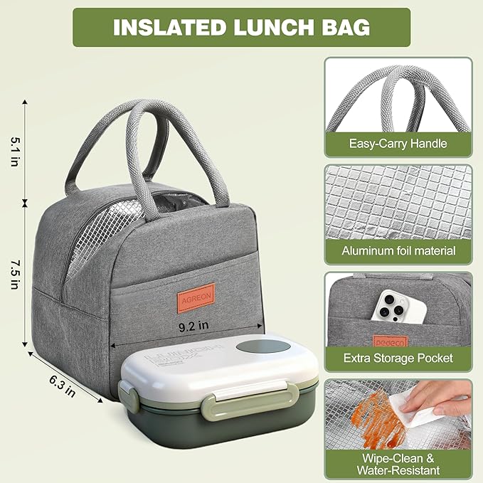 Lunch Box for Women & Adults - Kid-Friendly 37.2oz 3-Compartment Bento Box with Thick Insulated Lunch Bag, Leak-Proof with Sauce Container, Built-in Utensil Set, Dishwasher Safe (Green)