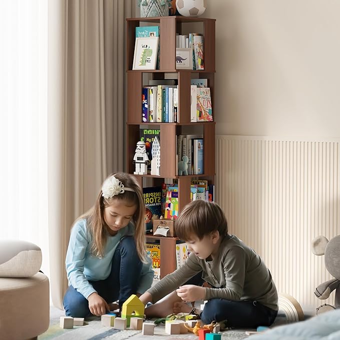 5 Tier Solid Wood Rotating Bookshelf Tower on Wheels, 360° Upgrade Spinning Book Shelf, Revolving Bookcase Organizer, Swivel Bookshelves for Small Spaces, Corner, Bedroom, Kids Room, Office (Walnut)