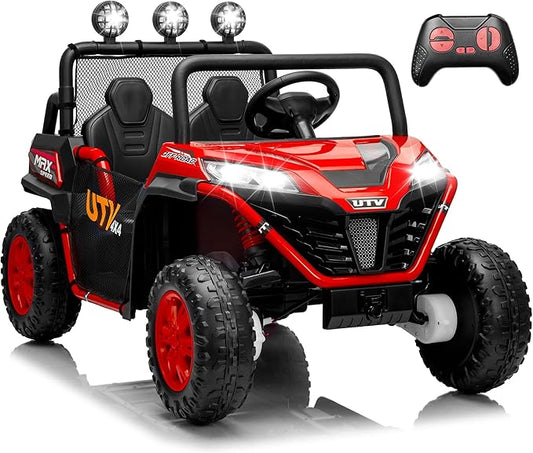 2 Seater 24V Ride On Toys for Big Kids, Electric UTV Car with Remote Control, 4-Wheeler Suspension, Side by Side Vehicle Max 110lbs, Soft Start, Bluetooth, Lights, Ride on Truck Kids 3 Years+, Red