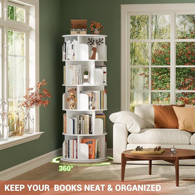 Rotating Bookshelf Tower, 5 Tier Spinning Bookcase, Revolving 360 Book Shelf Narrow Tall Bookcase, Vertical Turning Round Bookshelf Organizer, Wood Corner Book Shelf for Small Space, White