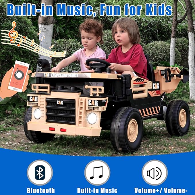 12V 10AH 2-Seater Kids Ride on Truck Electric Toy Car with Electric Dump Bed, Parents Remote Control Kids Car Tractor Toys Ride-on Dump Truck for Boys and Girls Ages 3+, Khaki