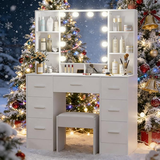 39.4'' W Vanity Desk with Storage Mirror and Lights, Makeup Vanity Set with Lighted Mirror, Drawers and Stool, Adjustable Brightness, White Vanity Dressing Table for Bedroom, Girls and Women Gifts