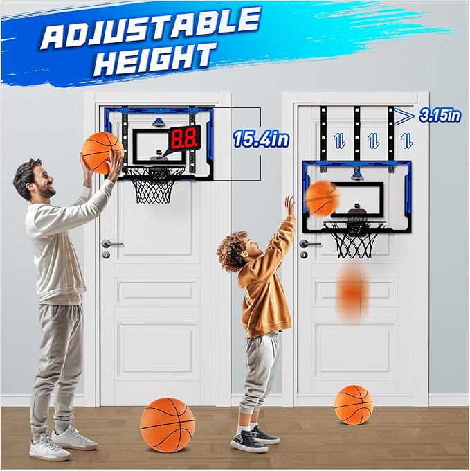 24" x 16" Indoor Large Basketball Hoop Toy - Upgraded Adjustable Height Basketball Hoop Over The Door with Scoreboard/2 Balls, Basketball Toys Christmas Birthday Gifts for Kids & Adults(Blue)