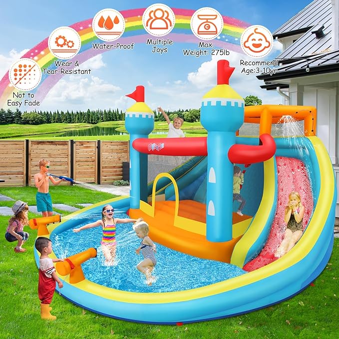 AKEYDIY Bounce House Water Slide with Double Slide,Splashing Pool, Double Water Cannon,Climbing Wall, Giant Water Park W/Heavy Duty GFCI Blower,Inflatable Water Slides Park for Kids Backyard Summer