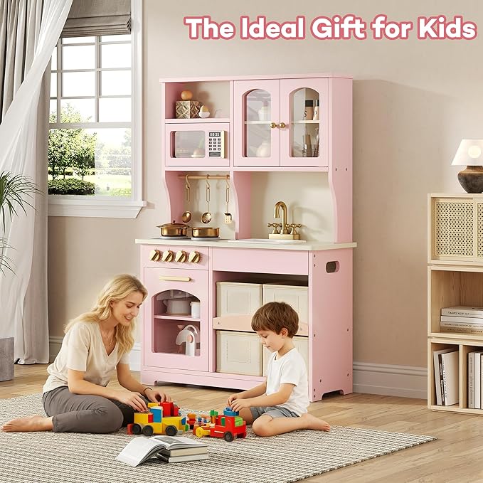 Play Kitchen for Kids, Wooden Toy Kitchen Set with Smart Storage & Accessories, Toddler Kitchen Playset with Stove & Oven, Pretend Play Set, Gift for Ages 3-8, Pink