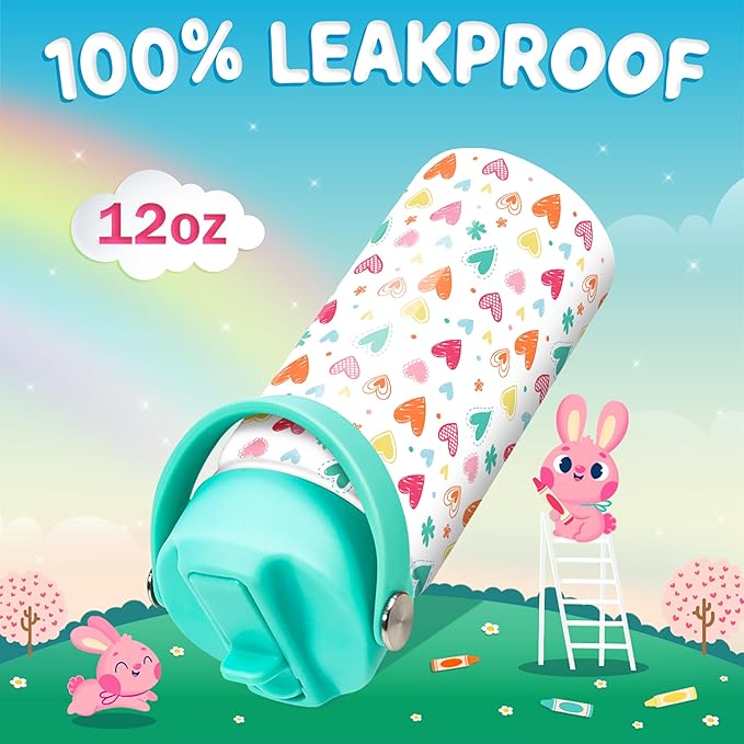 Kids Water Bottle with Straw Lid - Insulated 12 Oz Stainless Steel Water Bottles for Girls - Heart Water Bottle Travel Cup for School Sports