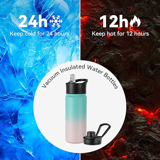 16 oz Insulated Water Bottle with Straw Lids, Stainless Steel Kids Water Bottles for School, Double Wall Vacuum Metal Water Bottle with Straw & Wide Mouth Lid, Bubble Gum 8 Pack