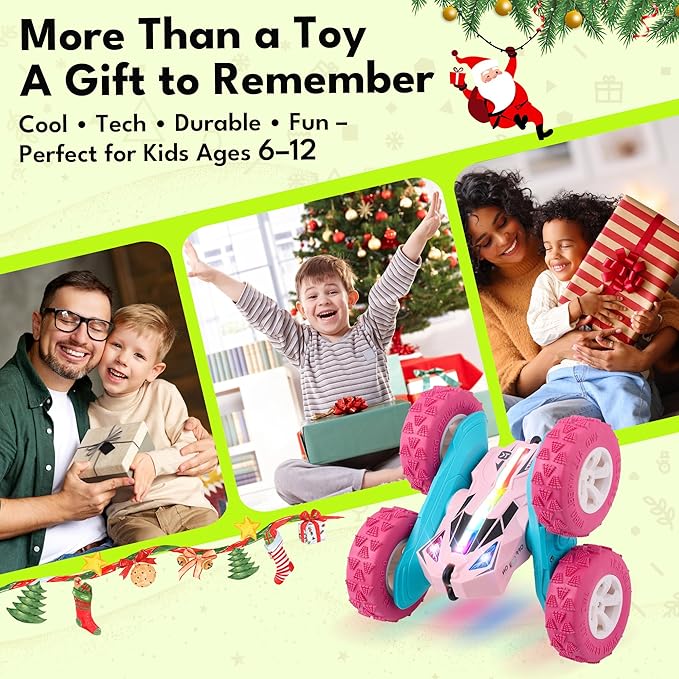 Threeking Remote Control Car RC Cars Toys for Boys Girls Ages 6-12, Upgraded USB-C Modular Batteries, 4WD Stunt Car with Breathing Soft Lights, Double-Sided Driving & 360° Flips, Presents Gifts, Pink