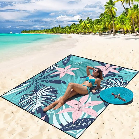 Beach Blanket Waterproof Sandproof Beach Mat 79" X 83"/10'x9'for 2-8 Adults Quick Drying Outdoor Picnic Mat Beach Accessories for Travel, Camping, Hiking
