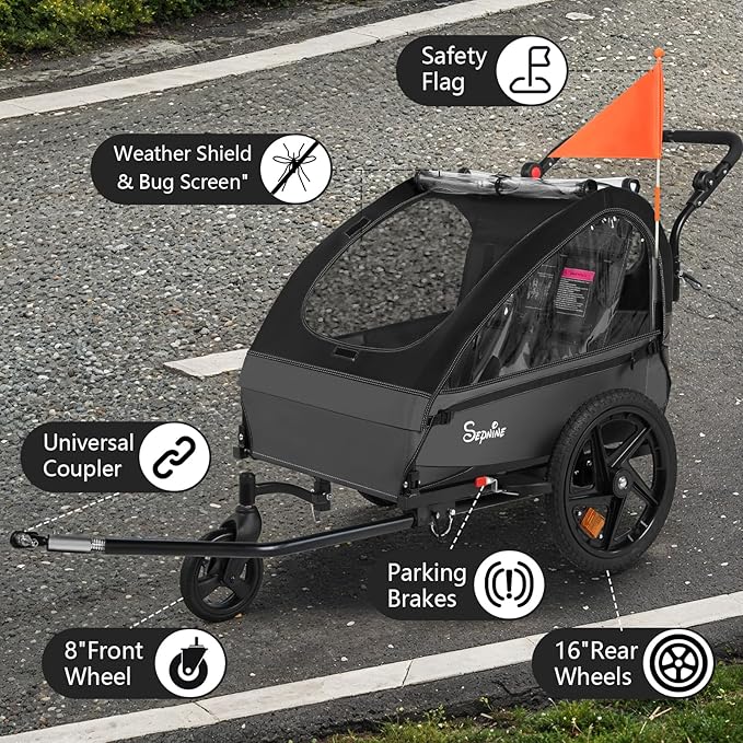 Sepnine Kids Bike Trailer, 2 in1 Canopy Carrier Converts to Stroller Suitable for 1 to 2 Kids, 12+ Months, Quick Attach to Bike, Foldable, with 5-Point Harness and Storage Bags