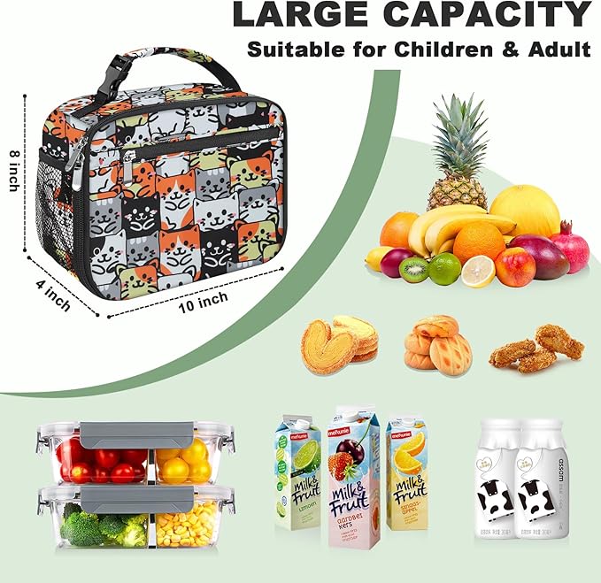 Kids Lunch Box for Boys Girls Lunch Bag Insulated Durable Lunchbox Children Lunch Tote Bag for School Cat