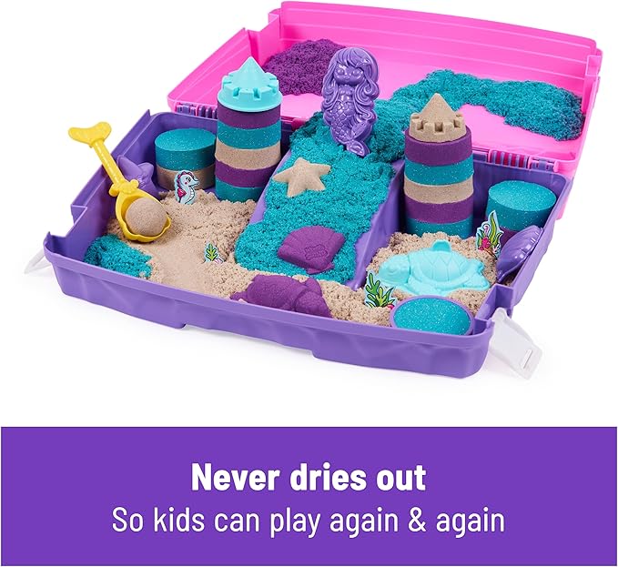 Kinetic Sand, Mermaid Palace Playset Folding Sandbox with 2.06lbs Play Sand (Neon Purple, Shimmer Teal & Beach), Tools, Sensory Toys, Holiday Gifts & Stocking Stuffers for Kids Ages 3 and up