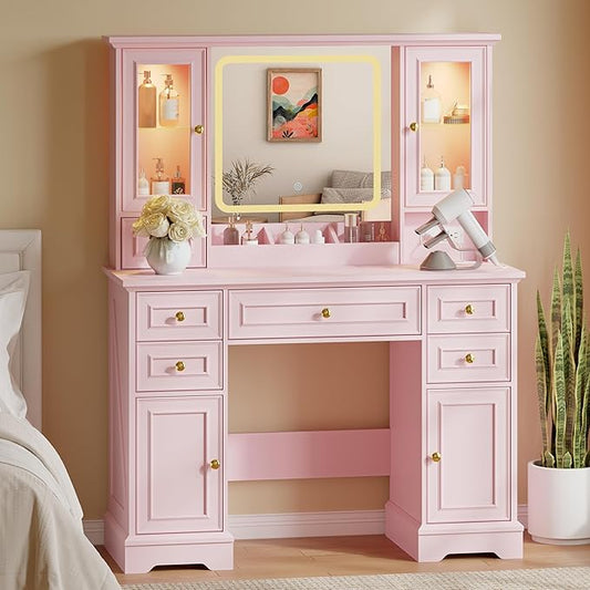 43'' Makeup Vanity with Mirror and Lights, Farmhouse Vanity Desk with Drawers & Charging Station, 3 Lighting Modes & Adjustable Brightness, Glass Cabinet, Dressing Table for Bedroom, Pink