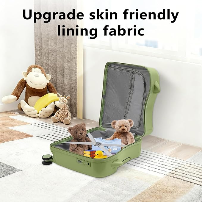 18" Children's Ride On Trolley, Ride-on Travel Suitcase, Cute Ear Toddler Carry on Luggage with Spinner Wheels, Children Rolling Trolly Luggage, Boys Girls Travel Suitcase with Lock (Olive Green)