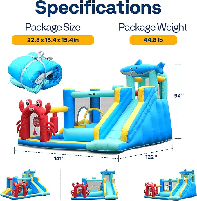 VIVOHOME 7 in 1 Bounce House for Kids, Sea Theme Inflatable Bouncy Castle with Slide, 12x10 FT Inflated Bouncer for Outdoor with Blower, Basketball, Climb, Jump Area, Ball, Water Pool, Hoop