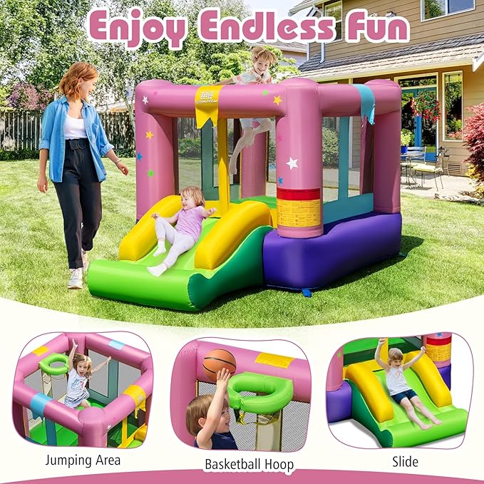BOUNTECH Inflatable Bounce House, Bouncy House for Kids 3-12 Indoor Outdoor w/Heavy Duty Jumping Area, Slide, Basketball Game, Mini Bounce House for Toddler Boys Girls Birthday Party Backyard Gifts
