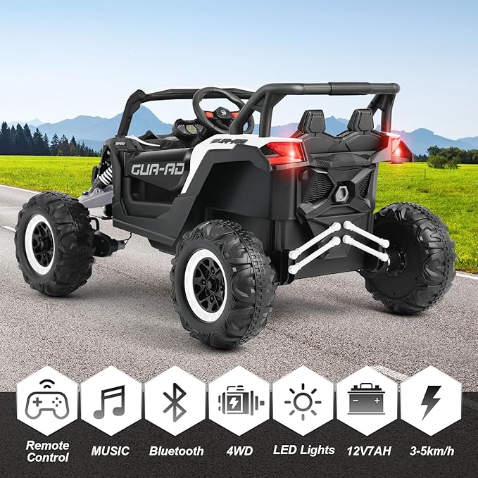 4WD Ride On Car, JOYLDIAS12V Battery Powered Electric Off-Road UTV for Kids, 4X4 Electric Vehicle with 4 Powerful Engines, 2.4G Remote Control, Music, Bluetooth, LED Lights for Boys and Girls, White