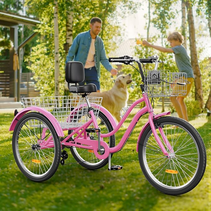 YITAHOME 24 & 26 Inch Adult Tricycle, 1 & 7 Speed 3 Wheel Bikes, Large Seat with Backrest Trike for Adults with Front & Rear Baskets, Cruiser Bike for Seniors Women Men Commute Picnic Outdoor