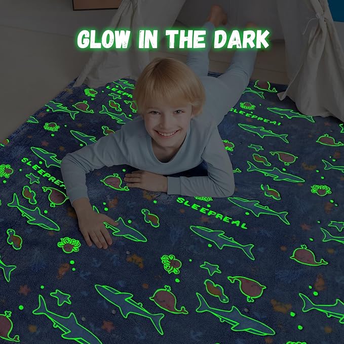 Glow in The Dark Whale Blanket,Ocean Whale Gifts Toys for Boys Girls, Birthday Presents Decor for Kids Age 3-14 Year Old Son Teen Child Toddler Luminous Christmas Bedroom Throw Blanket 50"x60"