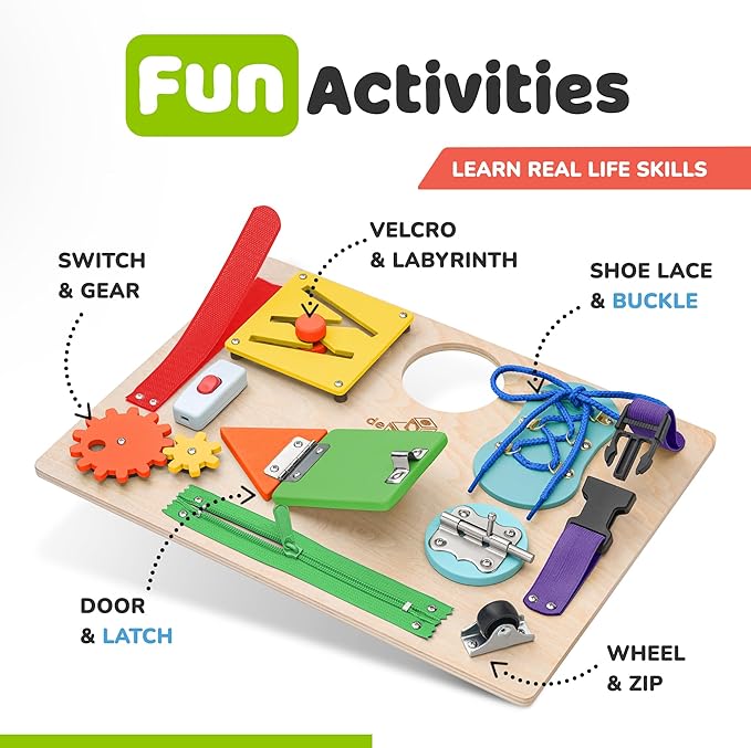 Sensory Busy Board for Toddlers, Premium Wooden Toddler Busy Board for 1 2 3 Year Old with 10 Educational Activities for Fine Motor Skills, Fidget Activity Toy for Travel Toy (Multicolored - Large)