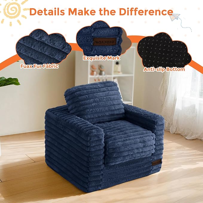 MAXYOYO Kids Bean Bag Chair, Comfy Faux Fur Bean Bag Sofa with Filler, Upholstered Floor Sofa with Pillows and Armrests, Lazy Floor Chair Couch for Boys and Girls, Navy