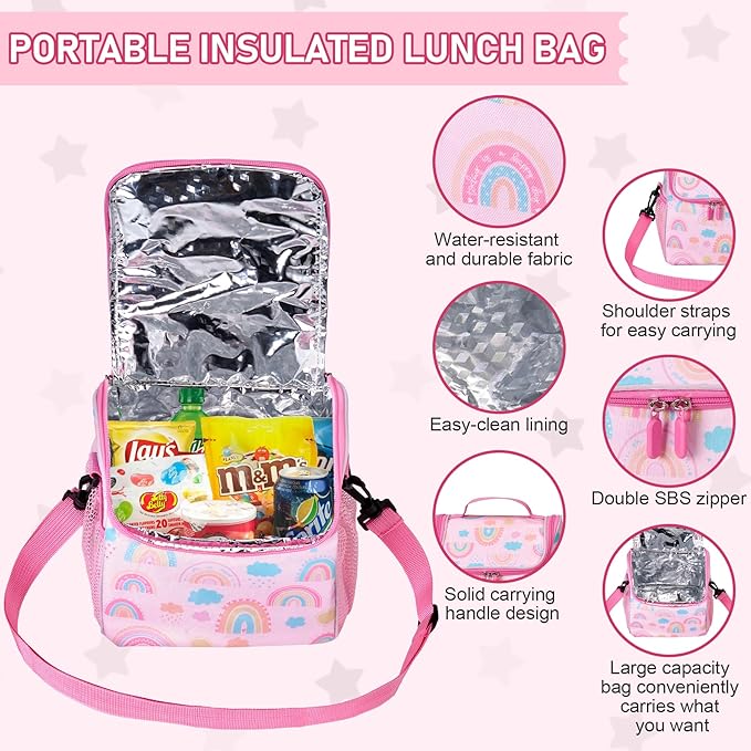Bento Lunch Box for Kids with 17oz Soup Thermo,Insulated Tumbler Water Bottle and Insulated Lunch Bag,Leak-Proof 3 Compartment Lunch Food Container with Ice Pack for Kids to School-Rainbow