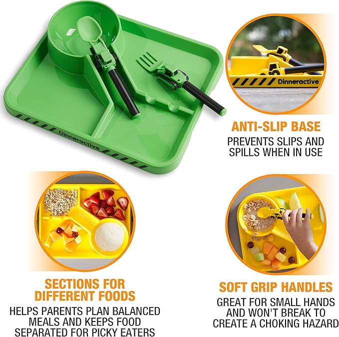 Dinneractive Dining Set For Kids - 3 PC Construction Themed Dinnerware - Tractor Utensils - Toddler Plates - Baby Dishes