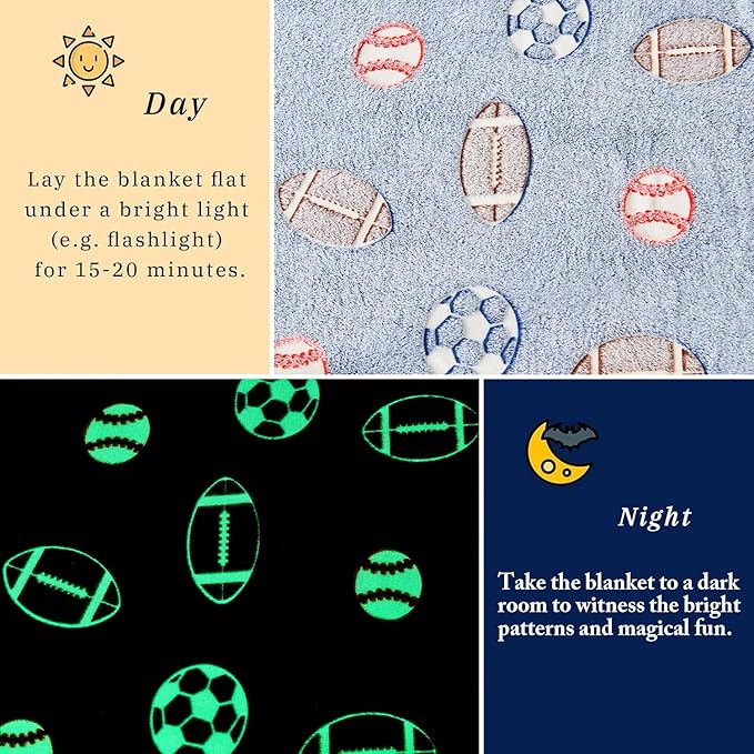 Wajade Sports Balls Gifts Toys for Boys Girls - Glow in The Dark Sports Balls Blanket Birthday Christmas Decor for Kids Age 3 4 5 6 7 8 9 10 11 12 Years Old Teens Child Throw Light Grey 60"x80"