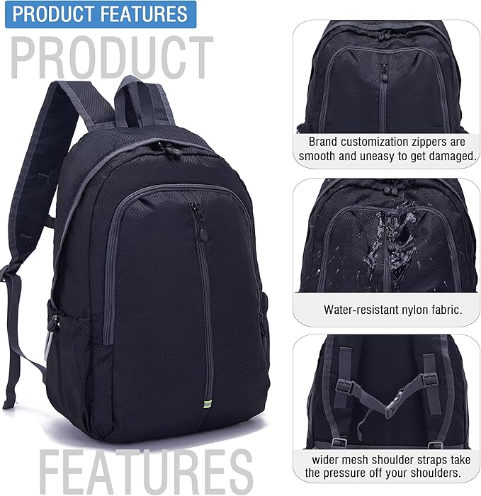 YZAOLL 25L Lightweight Packable Hiking Backpack Waterproof Hiking Daypack for Women Men Gym Backpack Travel Camping Vacation,Black