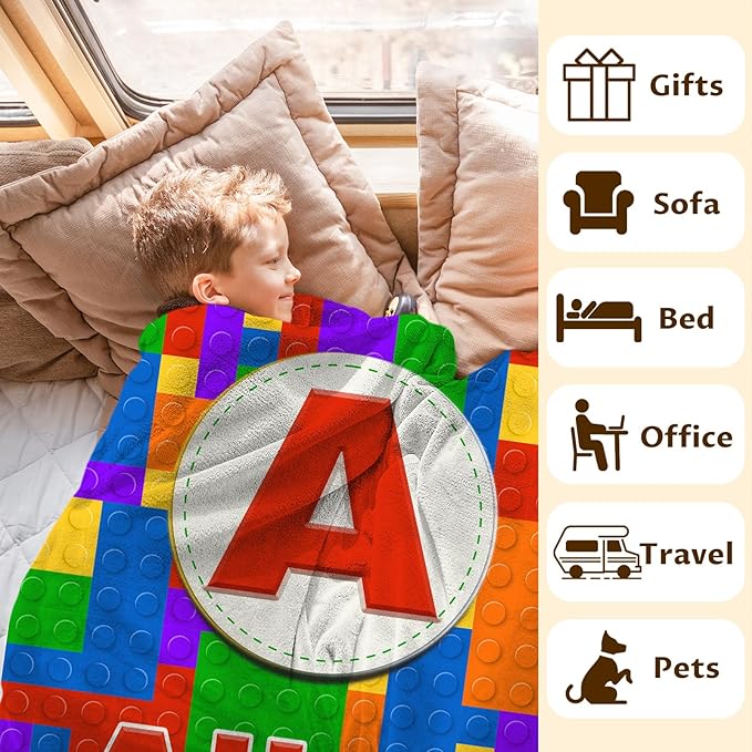 Boys Blankets, Personalized Building Blocks Blanket with Initial Monogram for Kids Toddlers, Funny Throws Blanket Gift, Soft Cozy Flannel Throw for Sofa Bed Couch Decor