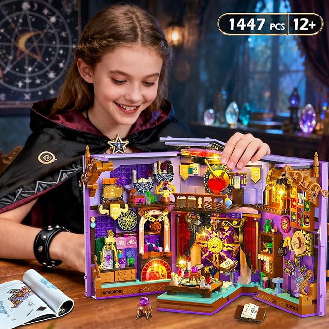 Upgraded Mystic Divination Book Nook Building Set with Rechargeable Lights, 1447 PCS DIY Magic Booknook Building Block Kit Home Decor, Miniature Book House Model Gift for Adults Boys Girls 12+