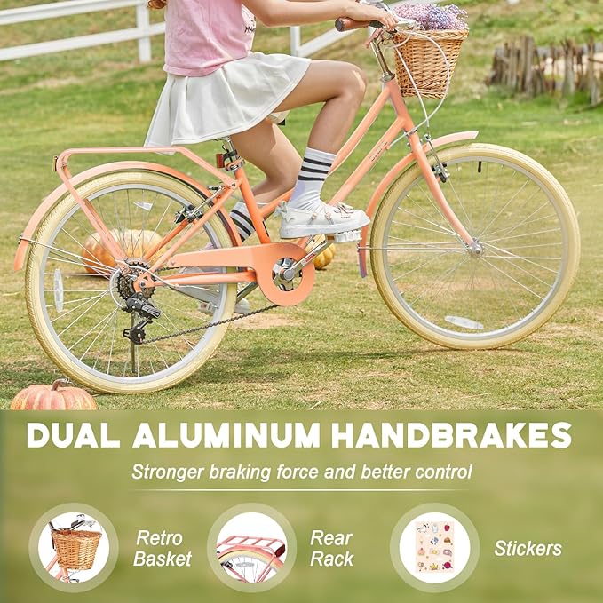 Glerc 20 24 26 Inch Beach Cruiser Bike, 6-Speed Hybrid City Bicycle for Girls Youth and Over 6 Years Old, Missy Bike with Wicker Basket & Lightweight, Multiple Colors