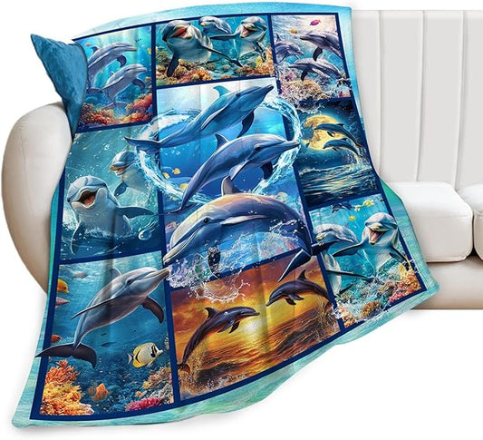 Dolphin Blanket Ultra Soft Cozy Dolphin Throw Blanket Fleece Fuzzy Plush Bedding Marine Life Lovers Gifts for Women Girls Kids Adults Couch Sofa 80"x60"