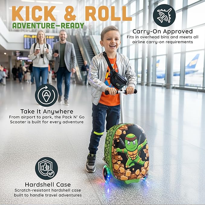 Hardshell Kids Ride-On Luggage with Scooter Suitcase – Carry-On Compliant with LED Light-Up Wheels – Fun and Functional Travel Companion for Children Ages 5–12
