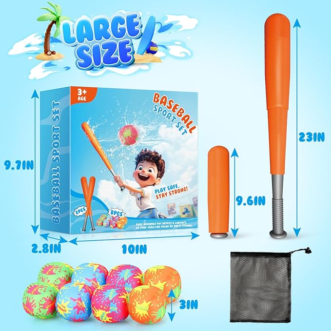 Baseball Toys for Kids 3-5: Baseball Set with 2 Bats and 8 Oversized 7CM Water Absorbing Balls Toddler Baseballs for Boys 3-5 Summer Outdoor Play Toy for Boys & Girls Baseballs Kids Gifts