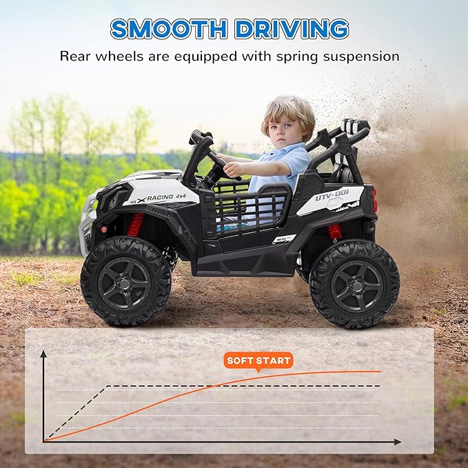 Qaba 24V 2 Seater Ride on Car, Electric Off-Road UTV Truck w/Parent Remote Control, Music, Lights, Ride on Toy for Kids Ages 3-8, White