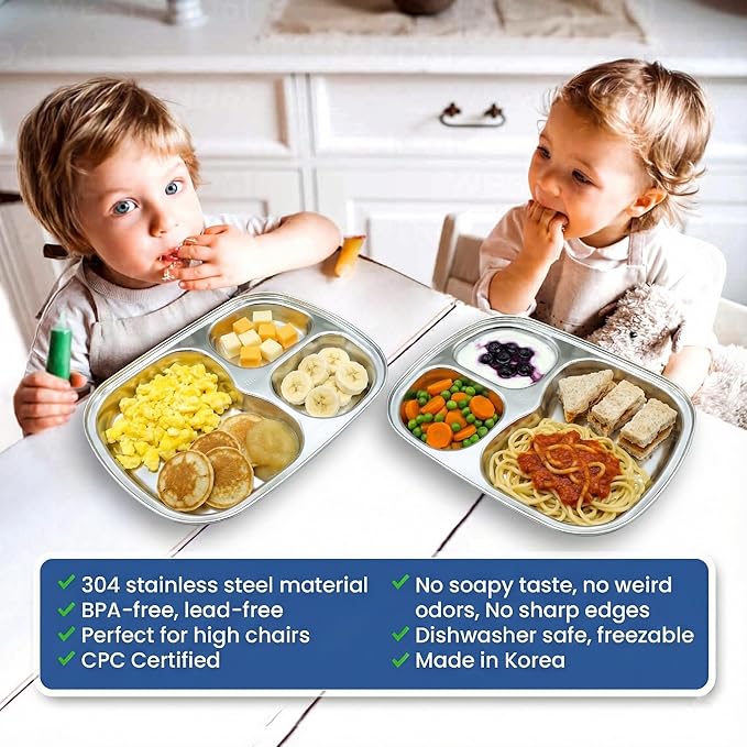 Korean Stainless Steel Divided Plates, Kids Toddlers Babies Tray, BPA Free, Diet Food Control, Camping Dishes, Compact Serving Platter, Dinner Snack, 3 Compartment Plate Silver, Set of 2