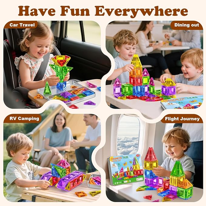 Mini Magnetic Tiles Travel Magnetic Tiles with Iron Box,42PCS Magnet Building Block Set Travel Toys for Kids Ages 3+,Educational Portable Magnet Toys Gifts for Toddlers Boys & Girls Christmas Birthday