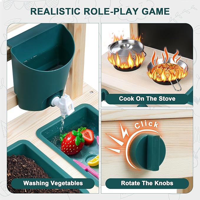 Kids Mud Kitchen Toy, Cedar Wood Outdoor Kitchen with Removable Sink, Planting Area, Simulated Stove, Double-Sided Chalkboard, and Storage Space | Backyard Role-Play Toy | Ages 3+