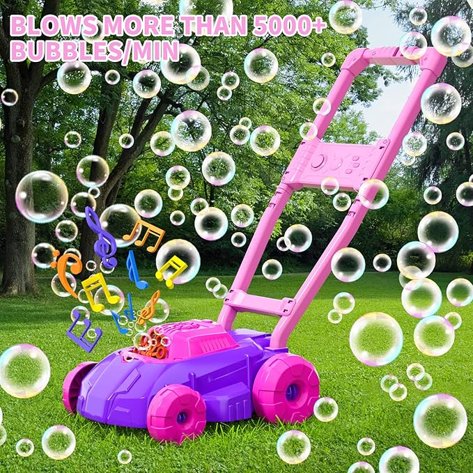 Bennol Pink and Purple Bubble Lawn Mower for Toddlers, Kids Automatic Bubble Blower Maker Machine, Outdoor Gardening Push Toys, Birthday Gifts for Preschool Baby Girls Boys
