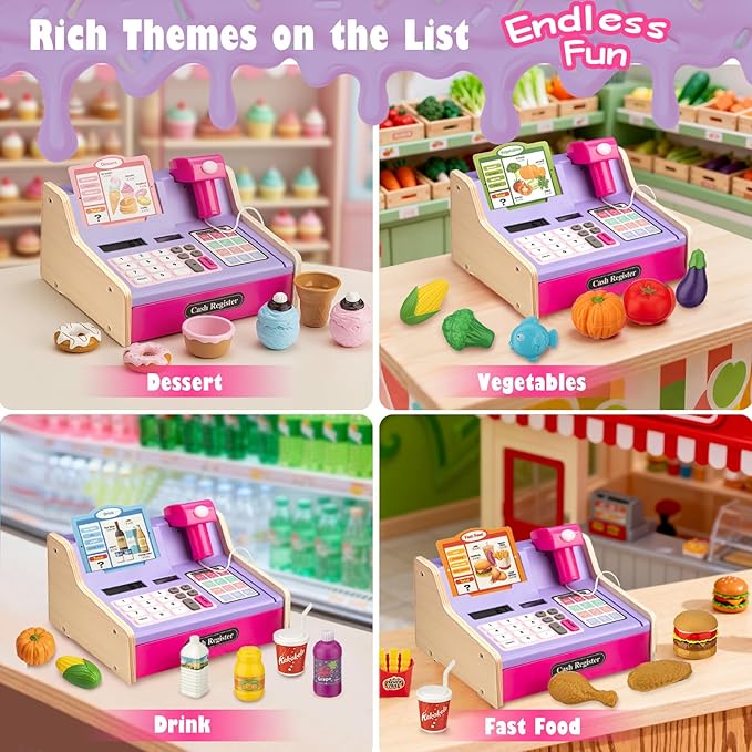 Wooden Cash Register for Kids with Shopping Cart Rechargeable Kid Cash Register with Scanner Gift for Kids Age 3 4 5 6 7 8 9 Year Old Pretend Play for Toddlers Toys for 3-12 Year Old Girls