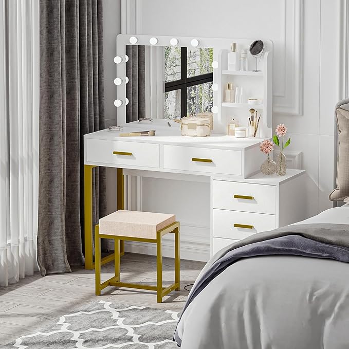 Makeup Vanity Desk with Mirror with Lights,Vanity with Lighted Mirror,3 Lighting Modes Adjustable,Vanity Desk with 5 Storage Drawers,Vanity Set with Bench