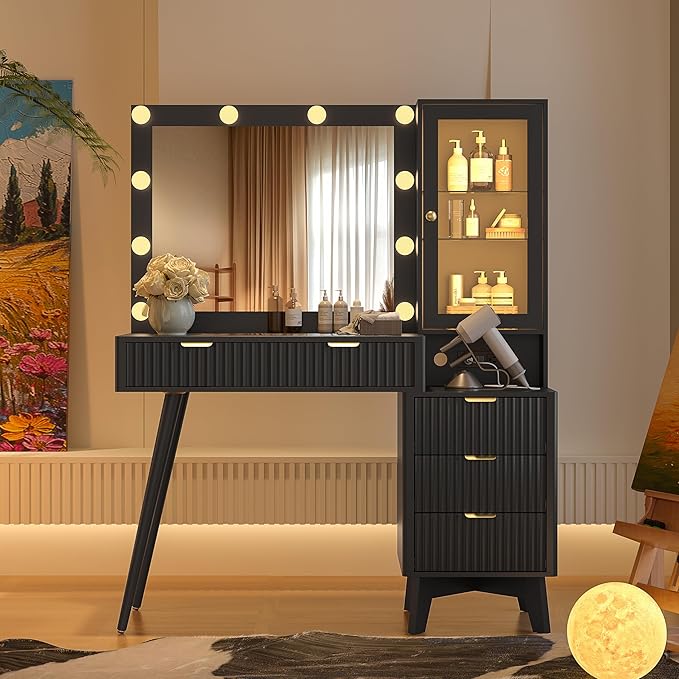 Makeup Vanity Desk with Mirror and Lights, 45" Fluted Wood Vanity Desk with Glass Top, 5 Drawers & RGB Glass Cabinet, Power Outlet, Mid Century Modern Dressing Table Set for Women Girls Bedroom