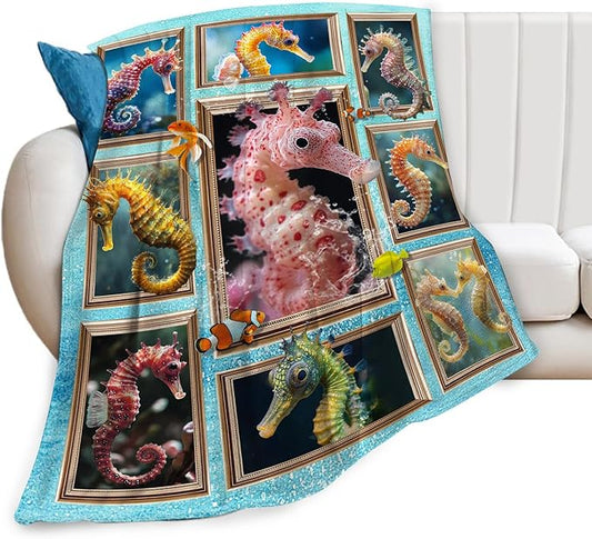 Seahorse Blanket Fleece Soft Warm Plush Ocean Animal Throw Blanket Lightweight Plush Fuzzy Cozy Marine Life Blankets for Lover Kids Adult Suitable for Couch Sofa Bed 50"X40"