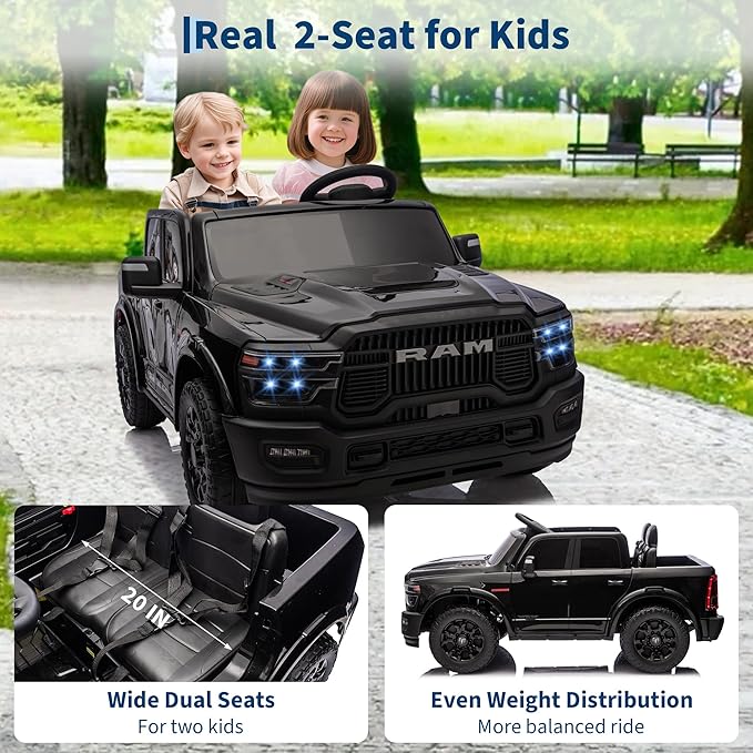 24V Ride on Car Licensed RAM 2500, 2 Seater Ride on Car for Kids w/Remote Control, Toddler Electric Car w/Truck Bed, 3 Speed, LED Lights, Bluetooth, Suspension, Gifts for Boys Girls, Black