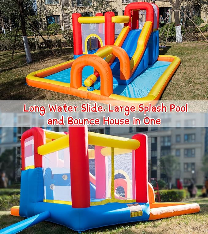 Baralir Inflatable Bounce House Water Park with Long Water Slide & Large Splash Pool Fits 5 Kids, Endless Fun of Jumping, Sliding, Climbing - Extra Cave and Tunnel Adventure and Water Cannon