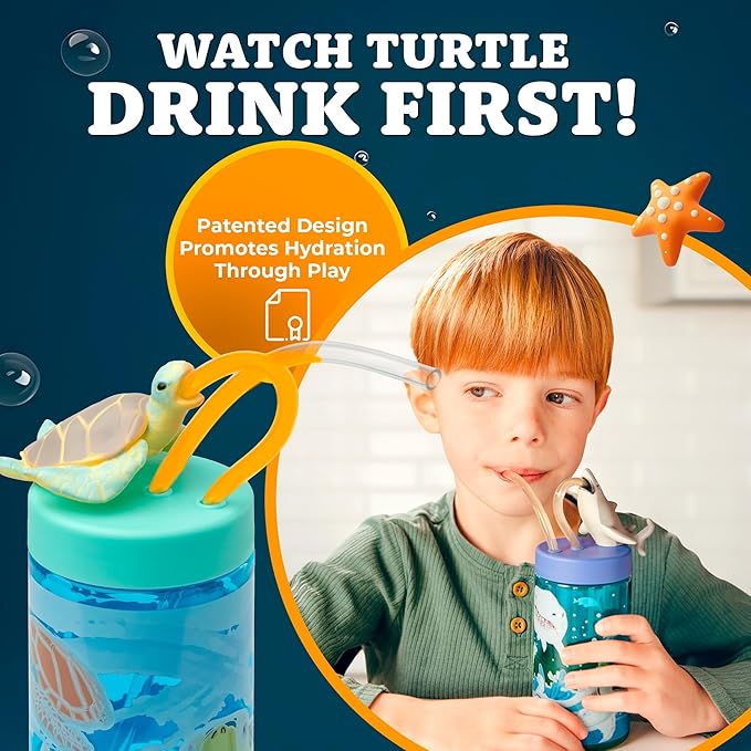 Kids Water Bottle, Toddler Cups, Tumbler with Lid and Straw, Travel Sippy Cup for Water or Milk, Kids Cups with Lids for Toddlers 3 and Up, BPA Free Plastic, 12 oz (Sealife Sea Turtle)